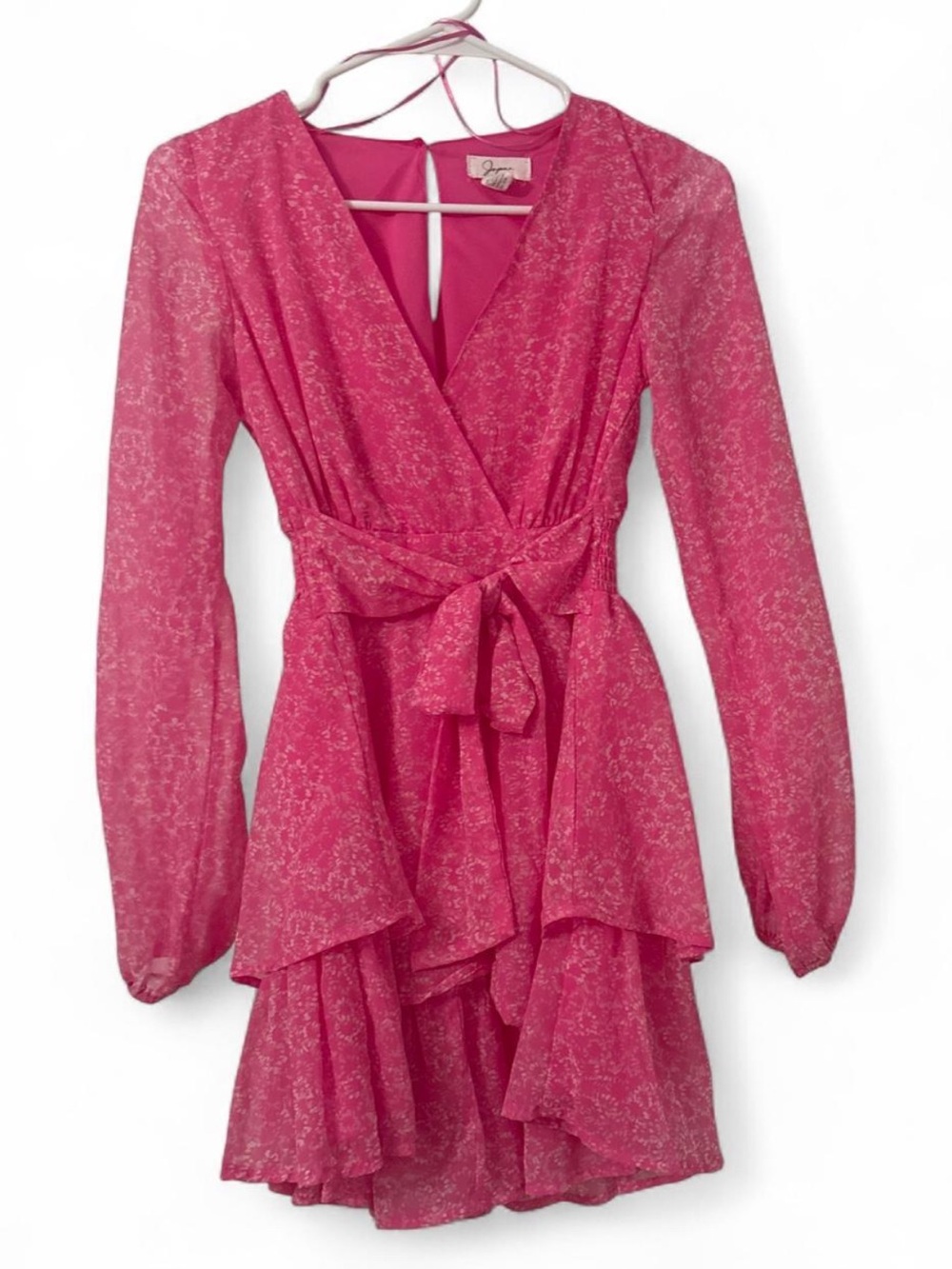 Hot Pink V-Neck Ruffle Wrap Dress with Waist Tie